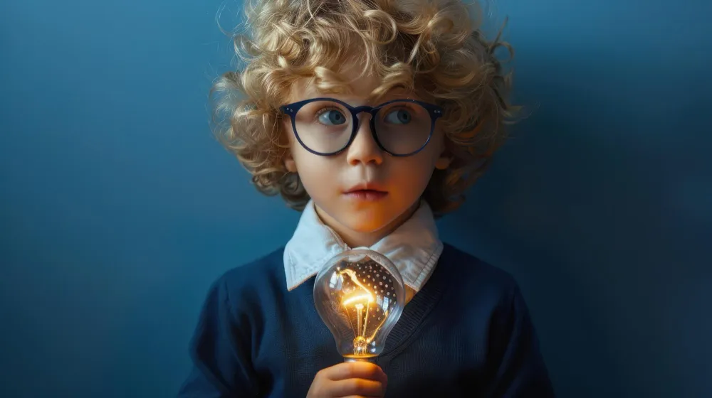 Niño con gafas sosteniendo una bombilla iluminada, imagen de altas capacidades